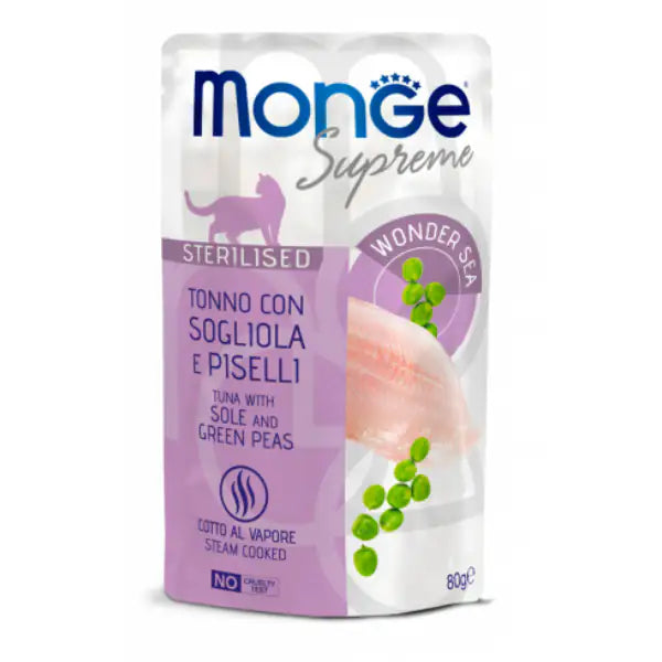 Monge Supreme Sterilised in salsa bustina da 80 gr  Tonno con sogliola e piselli bauzaarit.myshopify.com