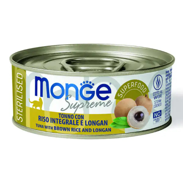Monge Supreme Sterilised in salsa lattina da 80 gr  Tonno con riso integrale e longan bauzaarit.myshopify.com