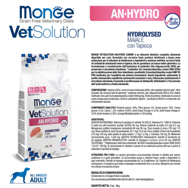 Monge VetSolution Canine An-Hydro Grain Free Adult Maiale   Bauzaar.it