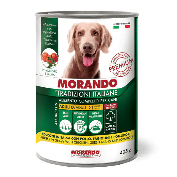 Morando Tradizioni Italiane Dog Adult All breeds Bocconi in salsa 405 gr  Pollo fagiolini e pomodori Bauzaar.it