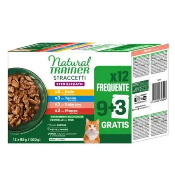 Natural Trainer Cat Adult Sterilised Straccetti cotti al vapore multipack 12x85 gr  3x Anatra 3x Merluzzo 3x Salmone 3x Manzo bauzaarit.myshopify.com
