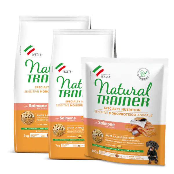 Natural Trainer Speciality Nutrition Sensitive Monoproteico Small&Toy Adult con Salmone e cereali integrali   bauzaarit.myshopify.com