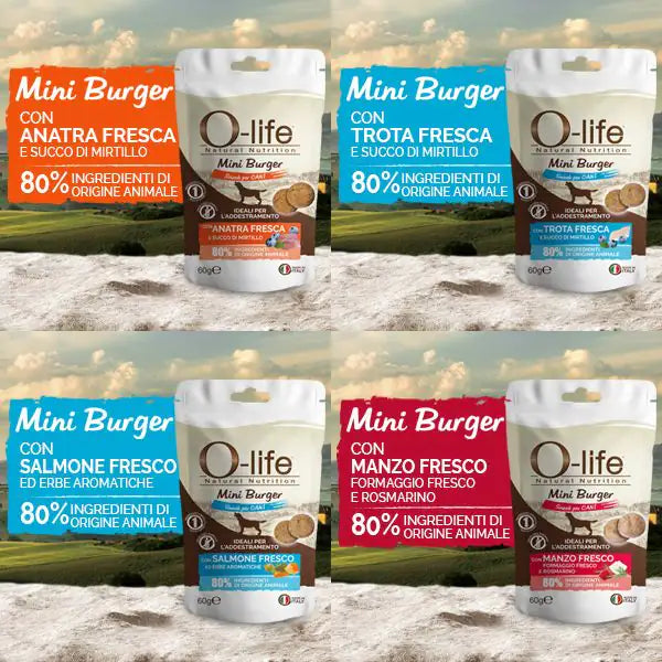 O-life Adult Mini Burger Grain Free Snack per cani 60 gr   bauzaarit.myshopify.com