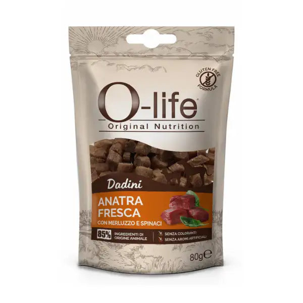 O-life Adult Snack per cani Dadini Carne fresca 80 gr  Anatra con merluzzo e spinaci Bauzaar.it