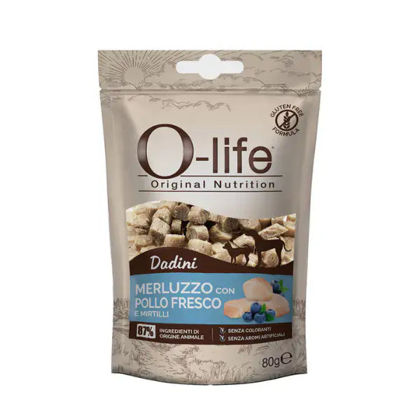 O-life Adult Snack per cani Dadini Carne fresca 80 gr  Merluzzo con pollo e mirtilli Bauzaar.it