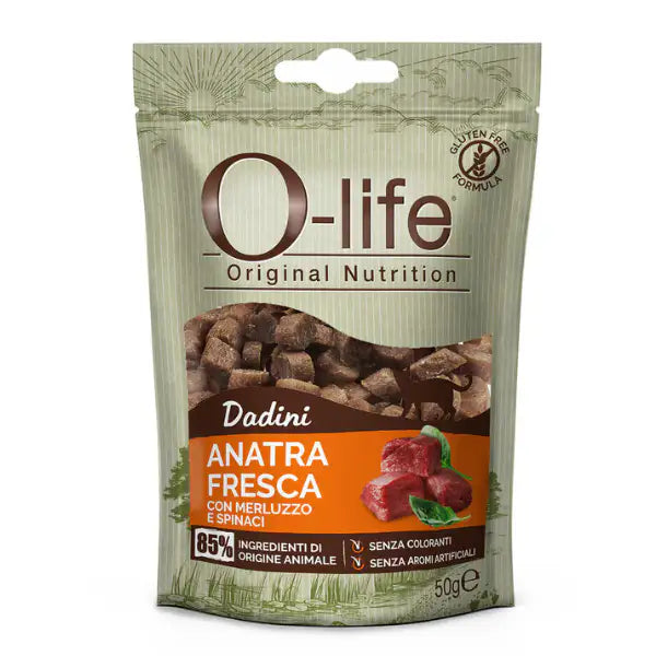 O-life Adult Snack per gatti Dadini Carne fresca 50 gr  Anatra con merluzzo e spinaci Bauzaar.it