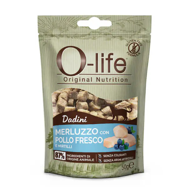 O-life Adult Snack per gatti Dadini Carne fresca 50 gr  Merluzzo con pollo e mirtilli Bauzaar.it