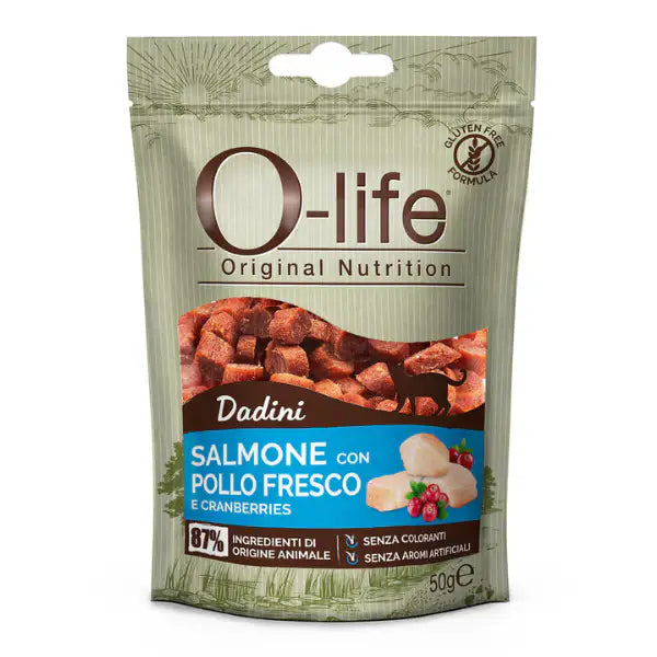 O-life Adult Snack per gatti Dadini Carne fresca 50 gr  Salmone con pollo Bauzaar.it