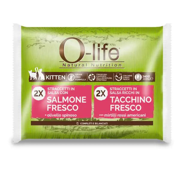 O-life Cat Kitten Grain Free Straccetti in salsa multipack 4x85 gr  2 x salmone fresco - 2 x tacchino fresco bauzaarit.myshopify.com