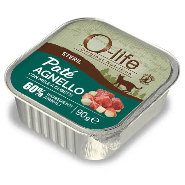 O-life Cat Sterilised Grain Free Patè +60% ingredienti animali 90 gr  Agnello e mela Bauzaar.it