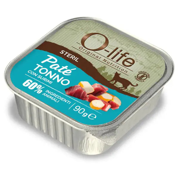 O-life Cat Sterilised Grain Free Patè +60% ingredienti animali 90 gr  Tonno e surimi Bauzaar.it