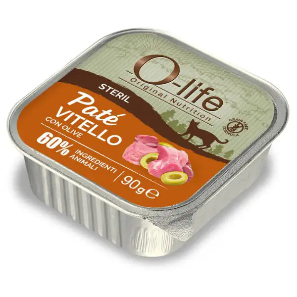 O-life Cat Sterilised Grain Free Patè +60% ingredienti animali 90 gr  Vitello con olive Bauzaar.it
