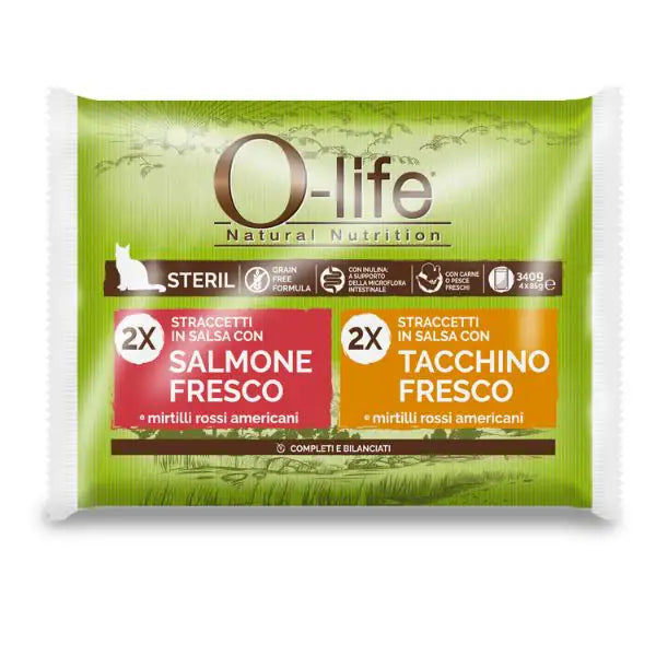 O-life Cat Sterilised Grain Free Straccetti in salsa multipack 4x85 gr   bauzaarit.myshopify.com
