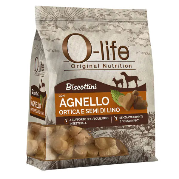 O-life Dog Adult biscotti per cani 200 gr  Agnello, ortica e semi di lino bauzaarit.myshopify.com