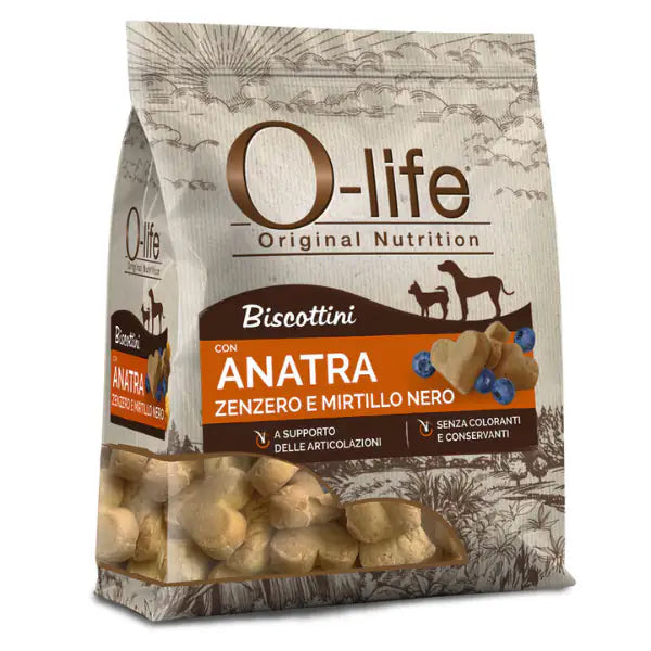 O-life Dog Adult biscotti per cani 200 gr  Anatra, zenzero e mirtillo nero bauzaarit.myshopify.com