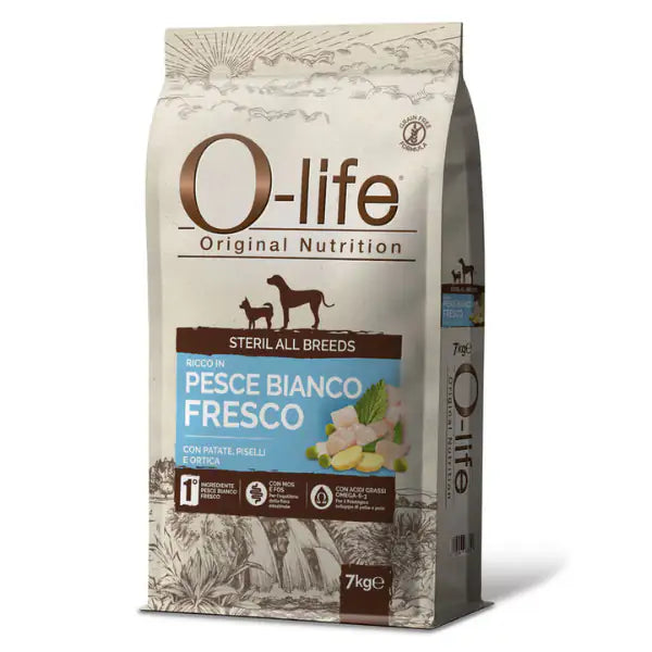 O-life Dog Sterilised All Breeds Grain Free Pesce bianco con patate  7 kg bauzaarit.myshopify.com