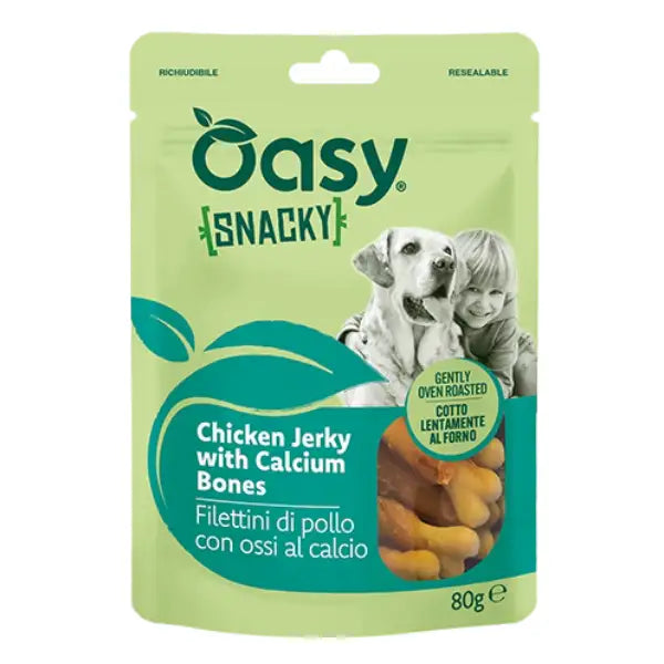 Oasy Snacky snack per cani cotto al forno Adult All Breeds 80 gr  Filettini di Pollo con Ossi al Calcio Bauzaar.it