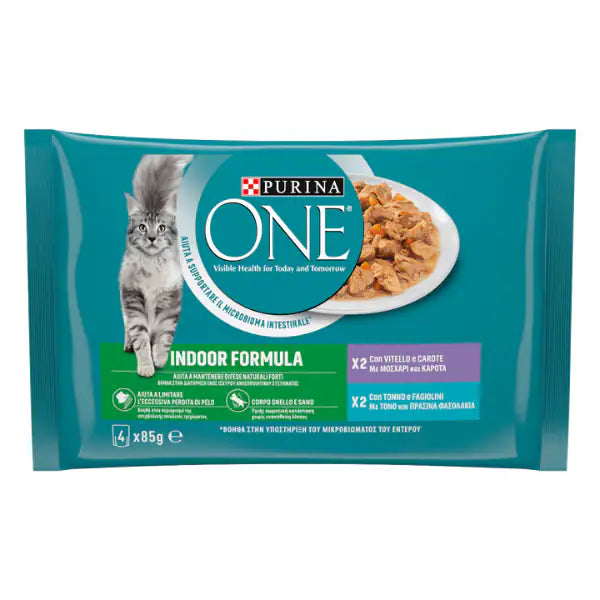 Purina One Indoor Cat Adult filettini in salsa multipack 4x85 gr  2 x Vitello e carote - 2 x Tonno e fagiolini bauzaarit.myshopify.com