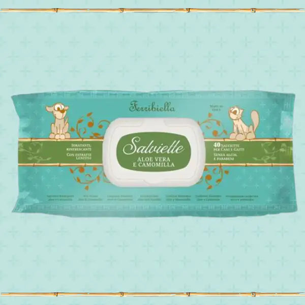 Salviette detergenti umidificate funzionali per cani e gatti Ferribiella  Aloe vera e camomilla Bauzaar.it