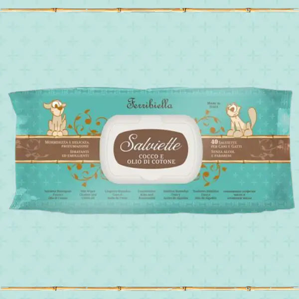 Salviette detergenti umidificate funzionali per cani e gatti Ferribiella  Cocco e olio di cotone Bauzaar.it