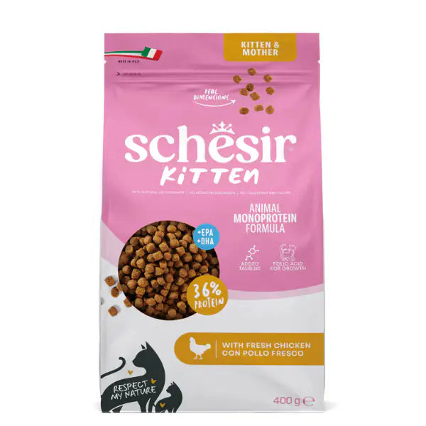 Schesir Cat Kitten & Mother Monoprotein formula con Acido folico Pollo fresco  400 gr Bauzaar.it