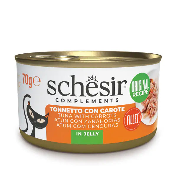 Schesir Cat Soft Adult filetti in gelatina alimento complementare lattina 70 gr  Tonnetto e carote bauzaarit.myshopify.com