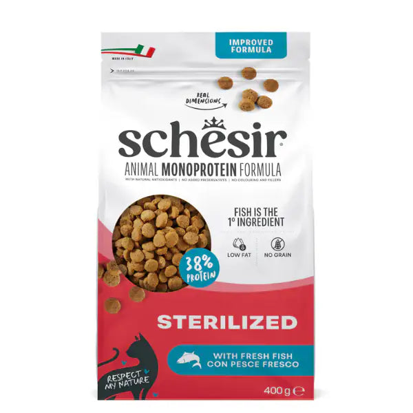 Schesir Cat Sterilized  Monoprotein formula Grain free Low Fat Pesce fresco  400 gr Bauzaar.it