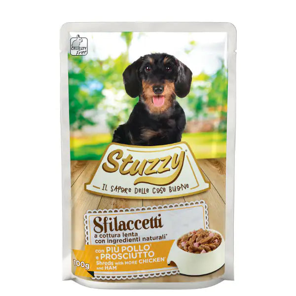 Stuzzy Dog Sfilaccetti a cottura lenta 100 gr  Pollo e prosciutto bauzaarit.myshopify.com