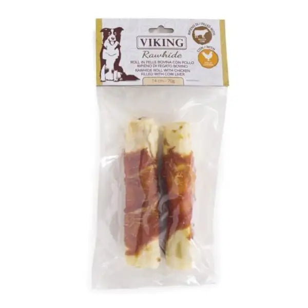 Viking Rawhide snack per cani bastoncini in pelle bovina  2 pezzi 14 cm - con pollo e ripieno di fegato bauzaarit.myshopify.com