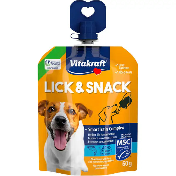 Vitakraft Lick & Snack Grain Free in crema formato Squeezy pouch richiudibile da 60 gr  Salmone Bauzaar.it