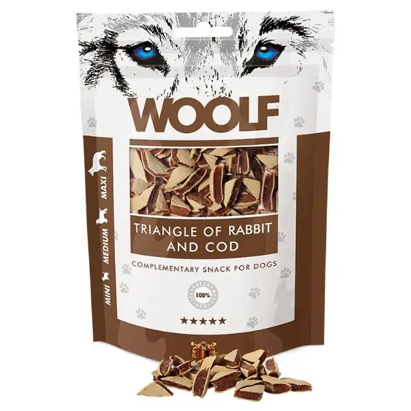 Woolf Triangolini snack per cani  Triangolini di Coniglio e Merluzzo bauzaarit.myshopify.com