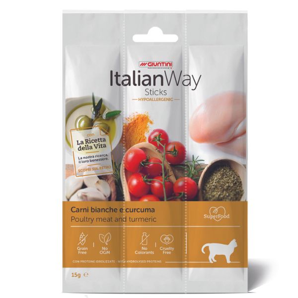 ItalianWay Sticks Hypoallergenic Gatto 15 gr - Carni bianche e Curcuma