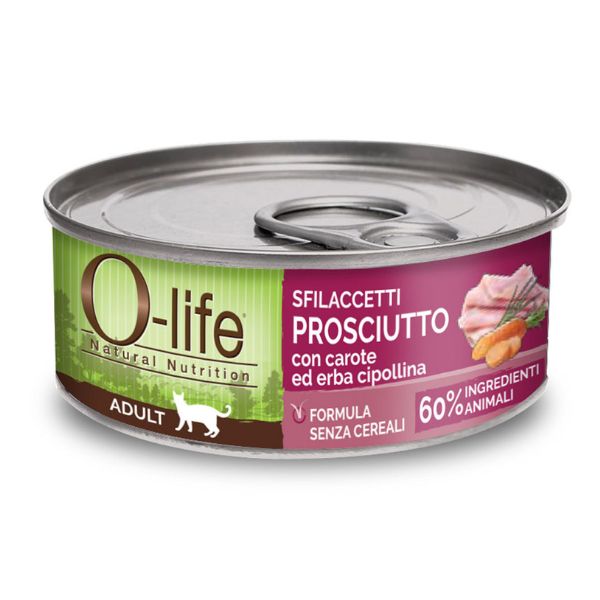 O-life Cat Adult Sfilaccetti 70 gr - Prosciutto, carote ed erba cipollina