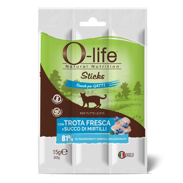O-life Sticks Grain Free Snack per gatti 3x5 gr - Sticks 3x5 gr Trota e mirtilli O-life