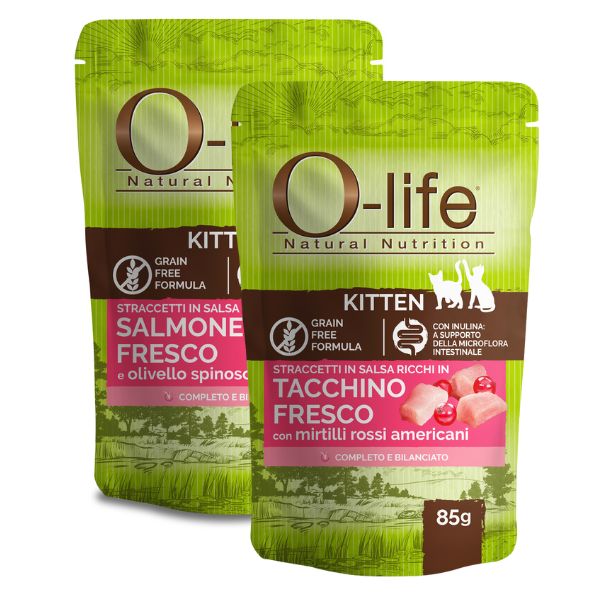 o-life cat kitten grain free straccetti in salsa 85 gr immagine2