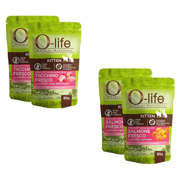 o-life cat kitten grain free straccetti in salsa multipack 4x85 gr immagine3