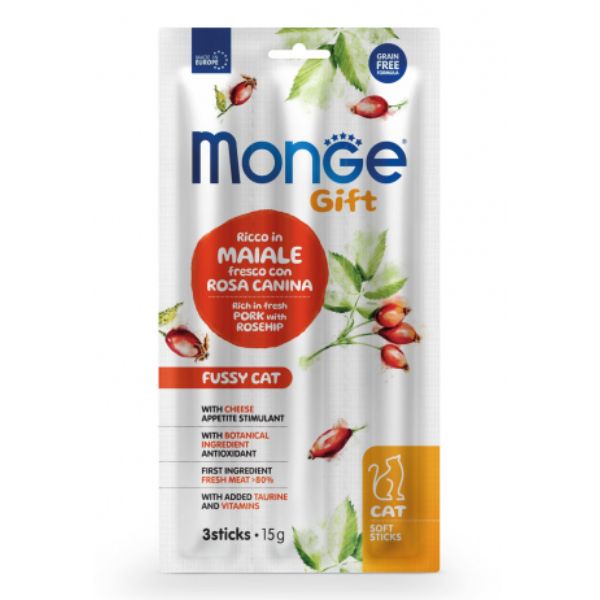 Monge Gift snack grain free per gatti Appetito Difficile - maiale, rosa canina e formaggio - stick da 15 gr