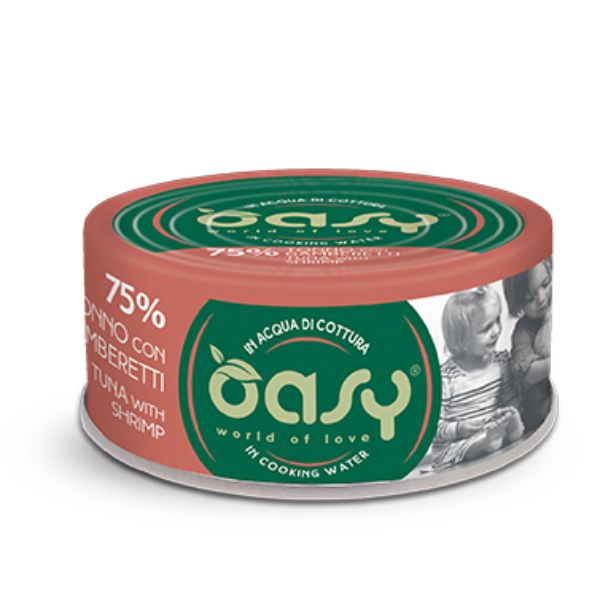 Oasy More Love Cat Adult Lattine in acqua di cottura 70 gr - Tonno con gamberetti