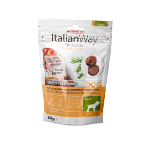 ItalianWay snack per cani Miniburger Grain Free 60 gr - Pollo con pomodoro (scadenza: 31/03/2026)