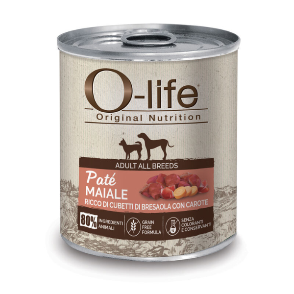 O-life Adult Grain Free Patè 400 gr - Maiale con cubetti di bresaola e carote