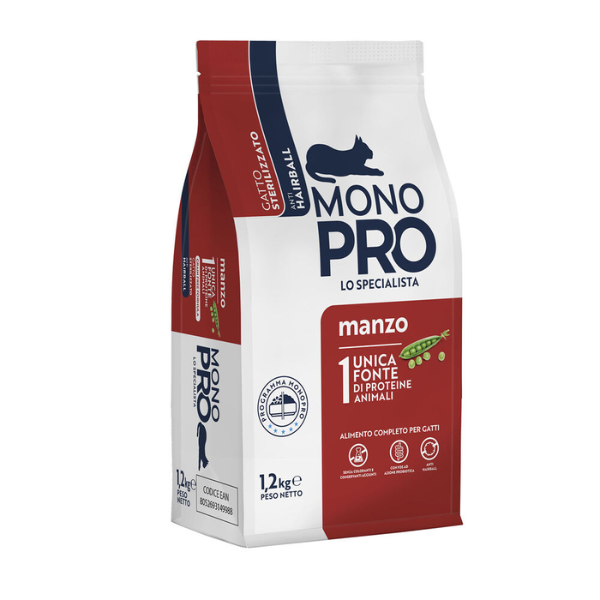 Monopro lo specialista Cat Adult Sterilised Grain Free Anti Hairball Manzo - 1,2 Kg