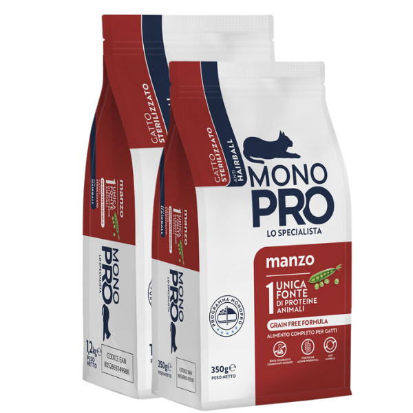 monopro lo specialista cat adult sterilised grain free anti hairball manzo immagine2