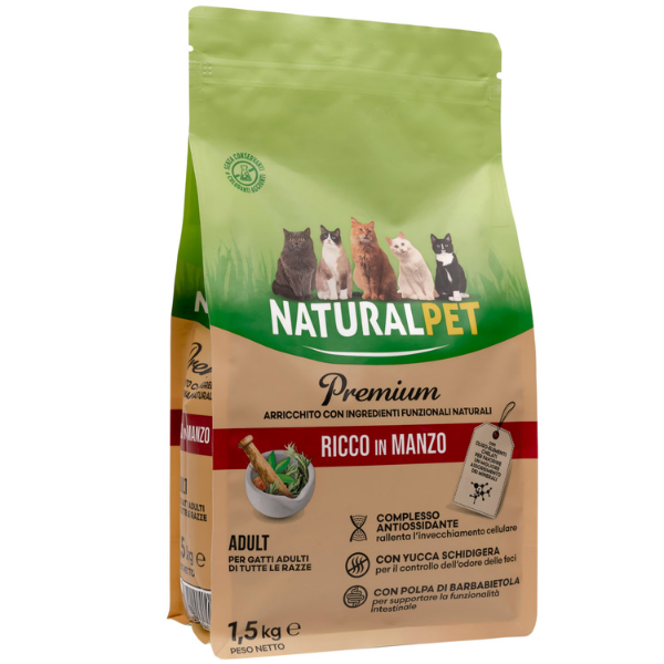 NaturalPet Premium Cat Adult Manzo e riso - 1,5 Kg (scadenza: 04/12/2025)