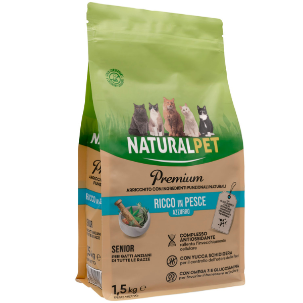 NaturalPet Premium Cat Senior Pesce azzurro - 1,5 Kg (scadenza: 30/11/2025)
