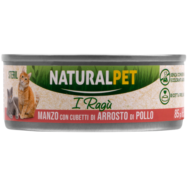 NaturalPet Cat Sterilized Deliziosi Ragù di carne 85 gr - Manzo con cubetti di arrosto di pollo