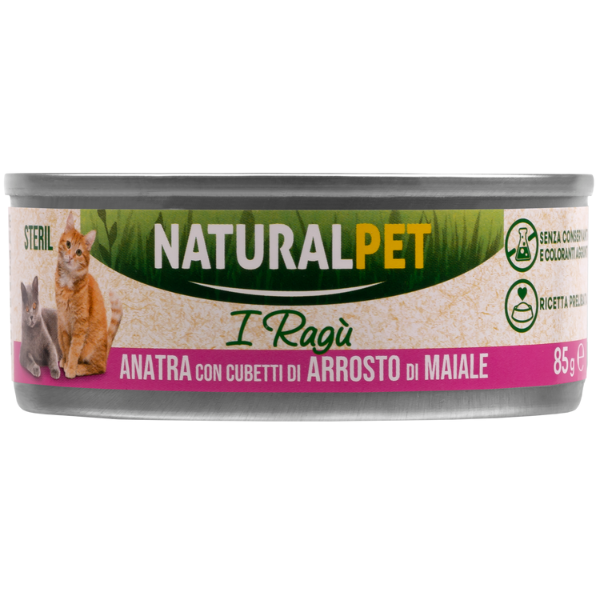 NaturalPet Cat Sterilized Deliziosi Ragù di carne 85 gr - Anatra con cubetti di arrosto di maiale