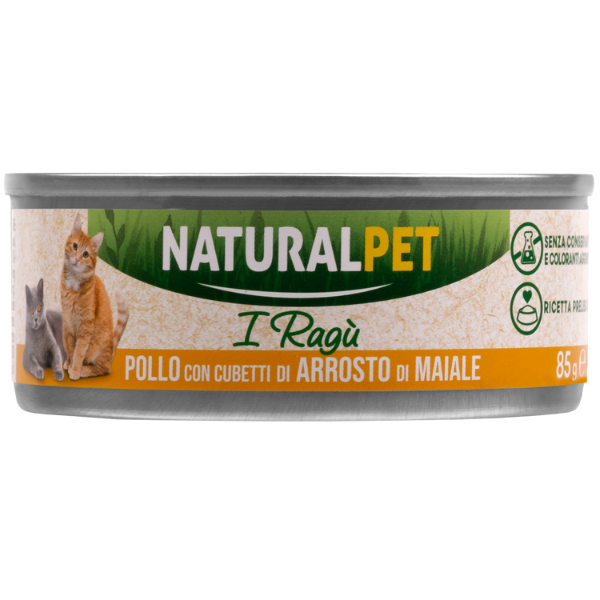 NaturalPet Cat Adult Deliziosi Ragù di carne 85 gr - Pollo con cubetti di arrosto di maiale