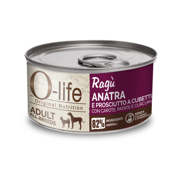 O-life Dog Adult Ragù 150 gr - Anatra e prosciutto a cubetti con carote, patate e curcuma