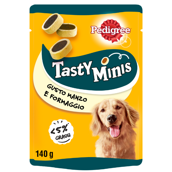 Pedigree Tasty Mini Bites snack per cani - formaggio e bacon - 140 gr
