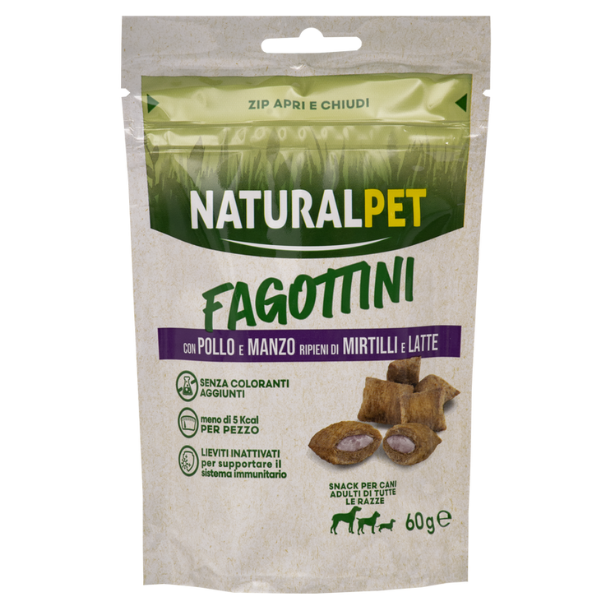 NaturalPet Fagottini ripieni Dog Adult 60 gr - Pollo e manzo ripieno di mirtilli e latte